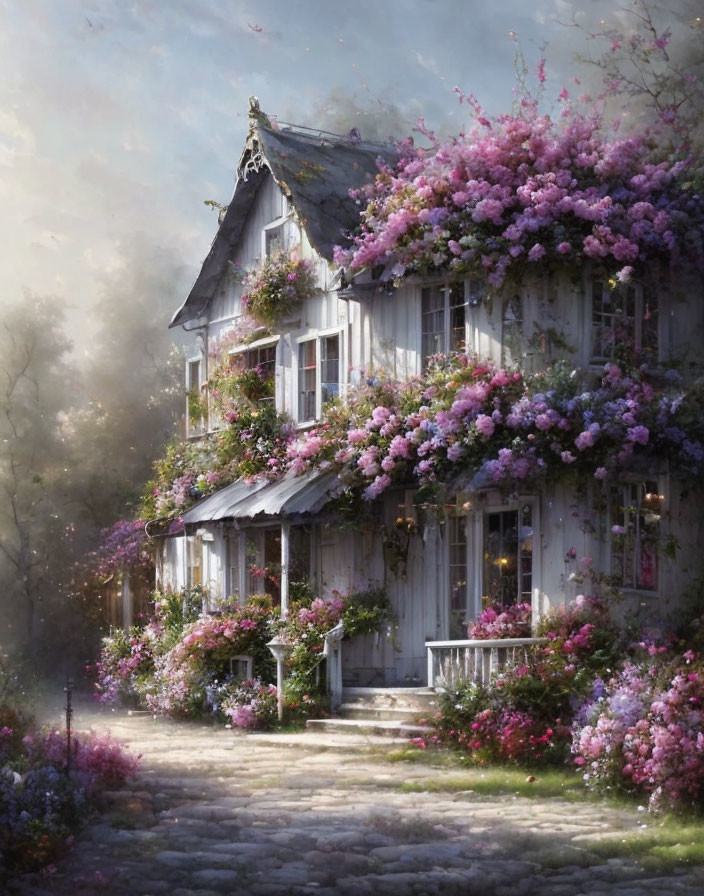 Charming two-story house with pink flowers in misty garden