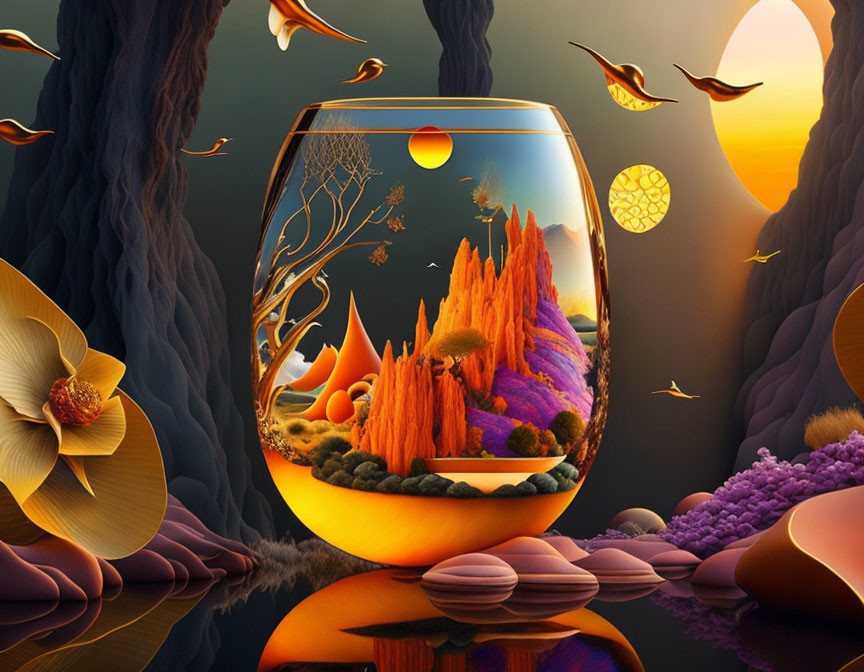 Surreal landscape with fishbowl, orange mountains, dark trees, dual suns