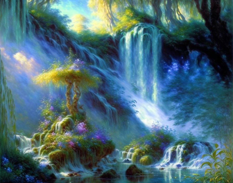 Ethereal landscape with glowing tree in enchanted forest