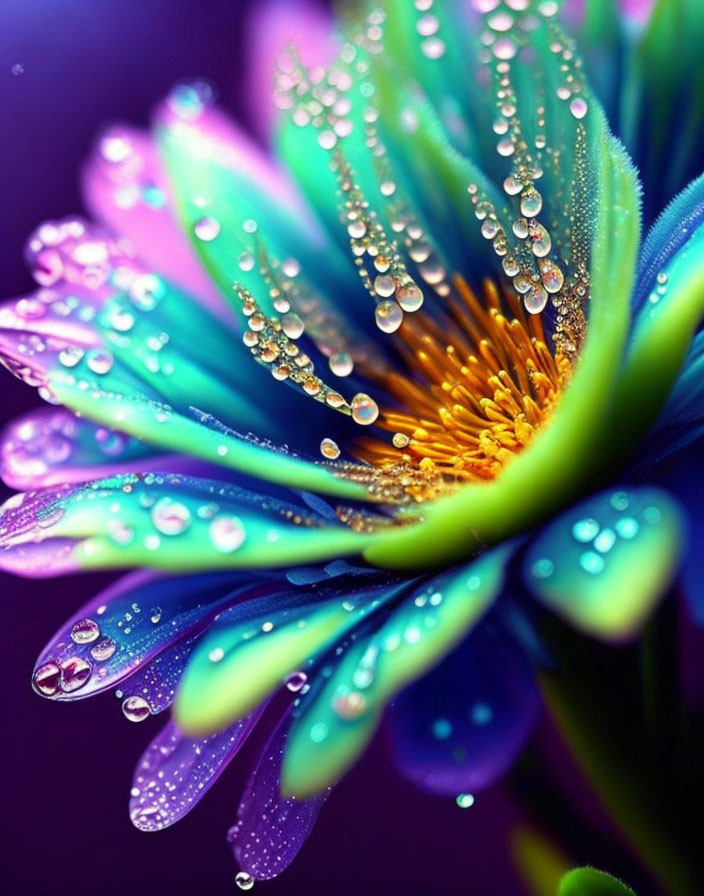 Colorful Flower with Blue and Purple Petals and Dewdrops in Soft Lighting