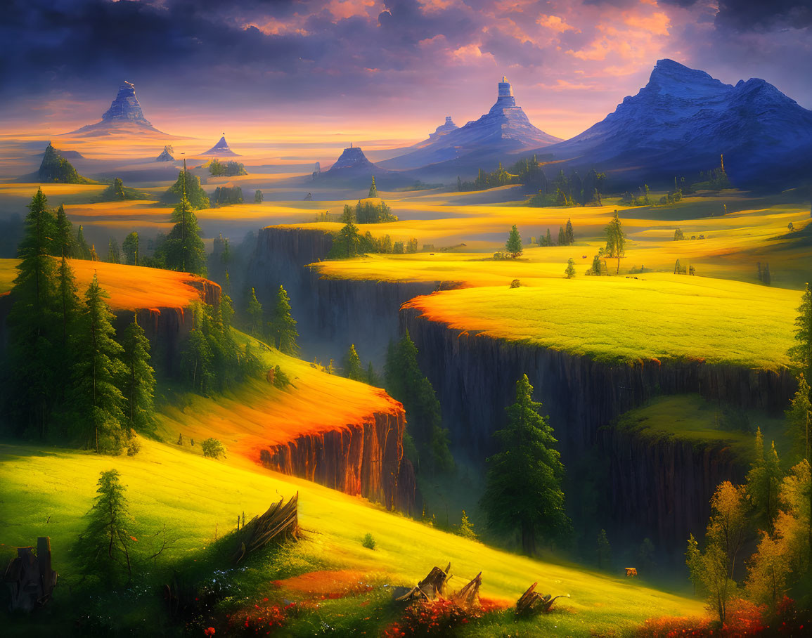 Scenic landscape with golden meadows, mountains, and canyons