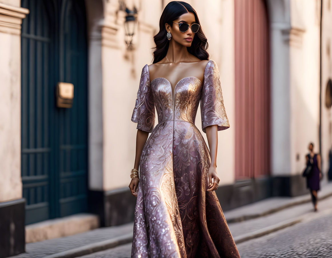 Elegant woman in metallic-pink dress and sunglasses on city street