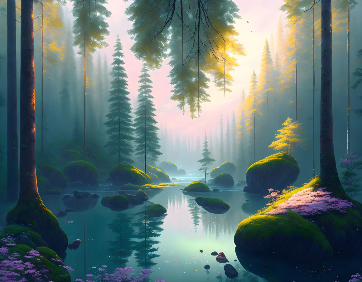 Enchanting forest scene: tall trees, serene lake, moss-covered stones, sunlight glow