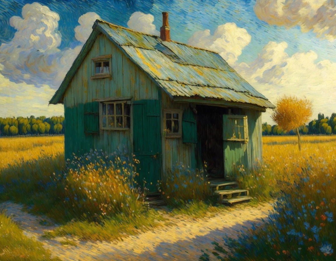 Weathered wooden cottage in field of tall grass and wildflowers