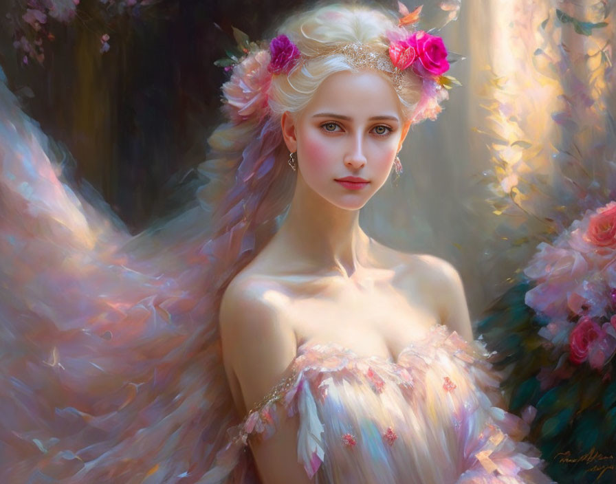 Ethereal portrait of a woman with pale skin and light hair adorned with pink flowers