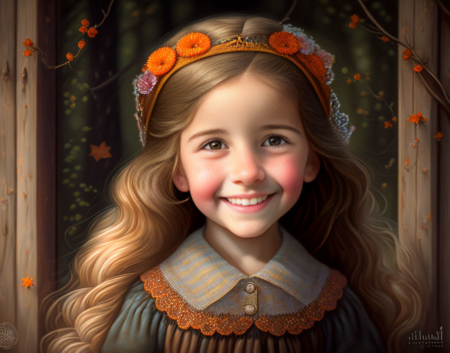 Smiling young girl with floral headband in autumn forest portrait