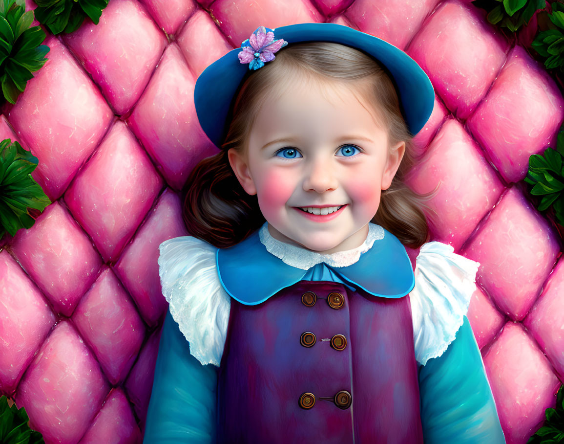 Smiling young girl in blue hat and coat on pink quilted background