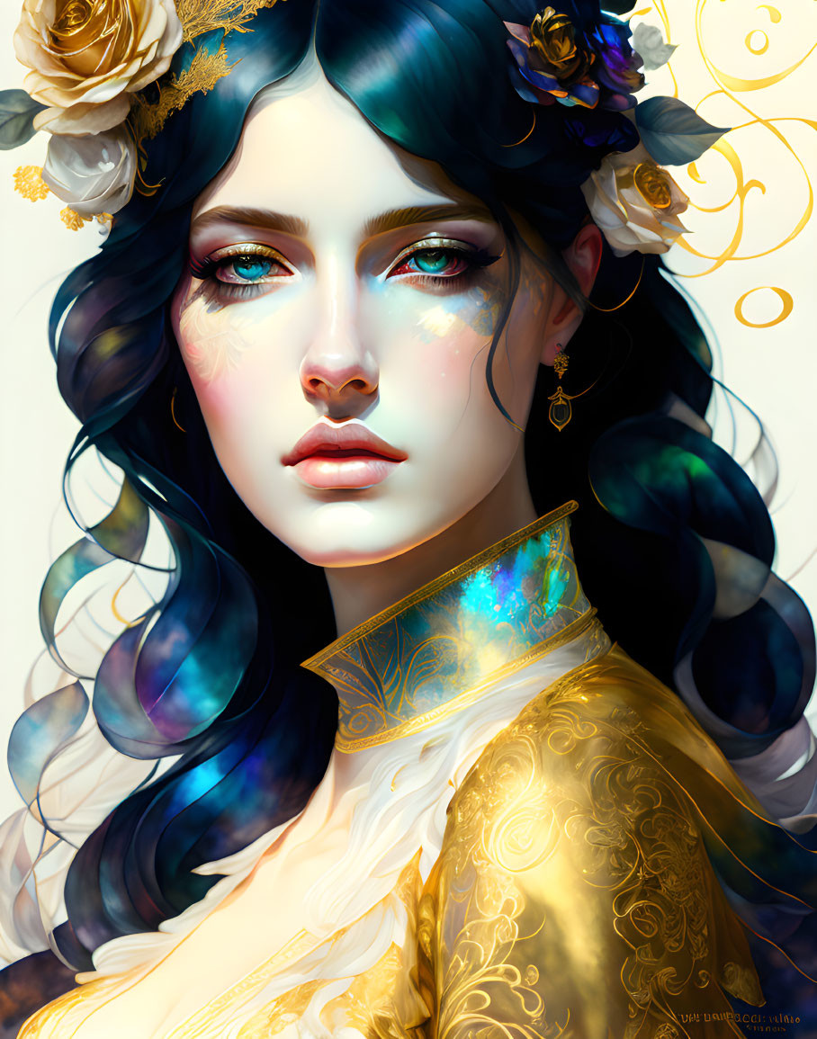 Illustrated portrait of woman with blue hair and golden floral adornments