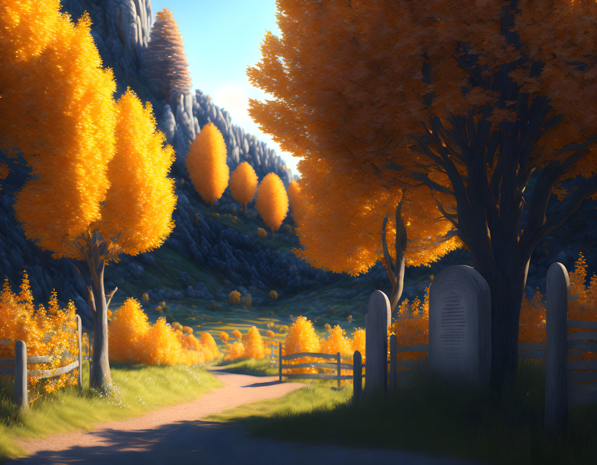 Vibrant autumn landscape with golden trees and winding path