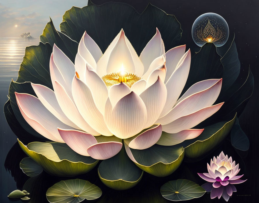 Detailed Lotus and Lily Pads in Dusk Sky Illustration