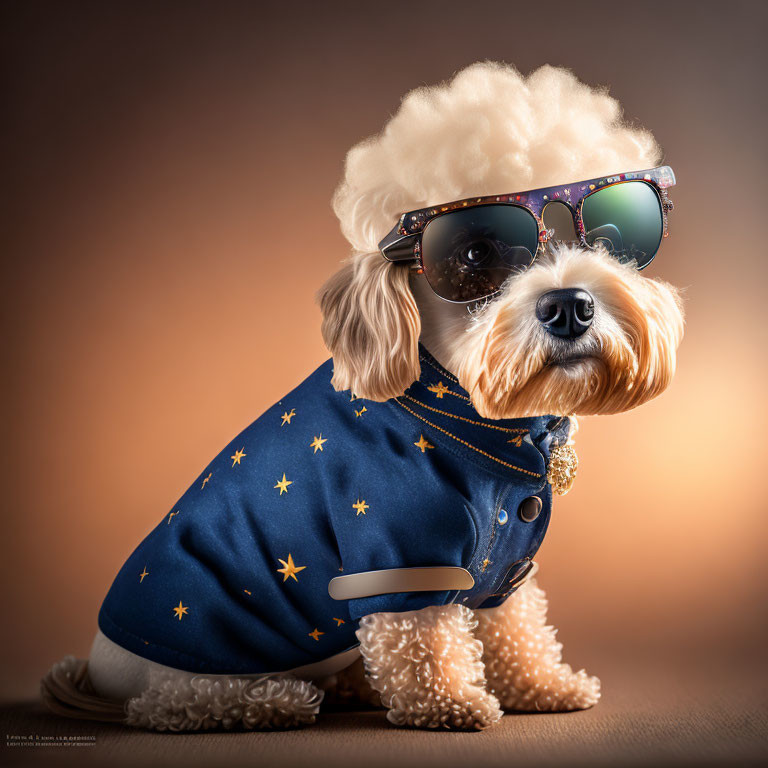 Stylish poodle in sunglasses and star-patterned jacket on warm-toned backdrop