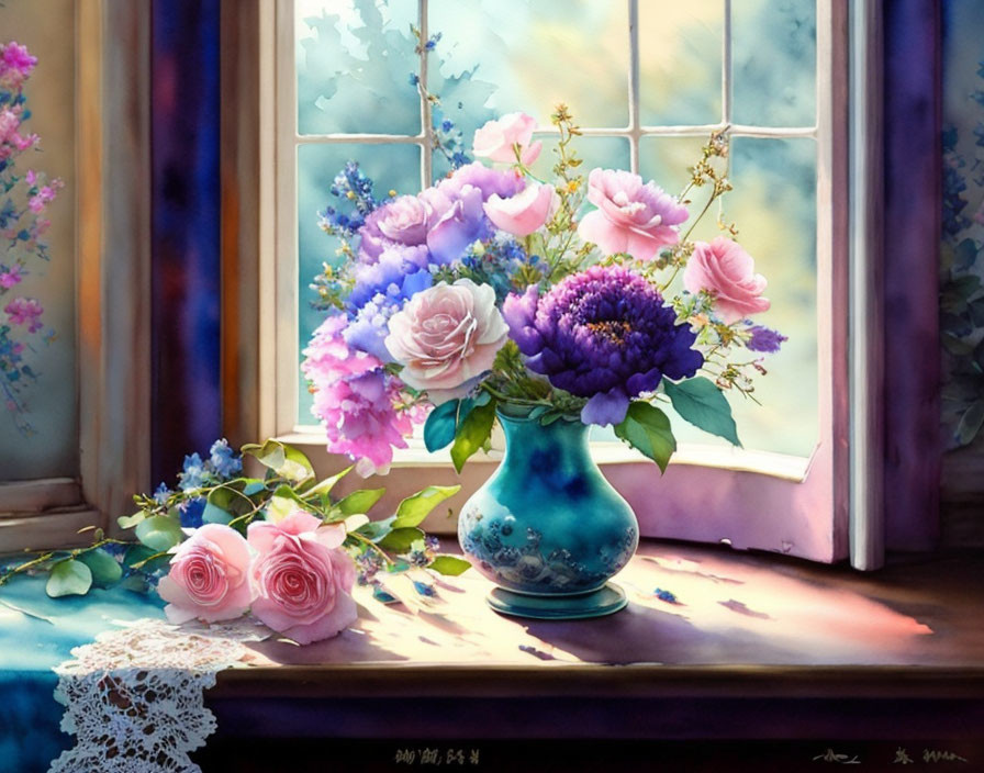 Colorful bouquet painting with purple and pink flowers in blue vase on windowsill.