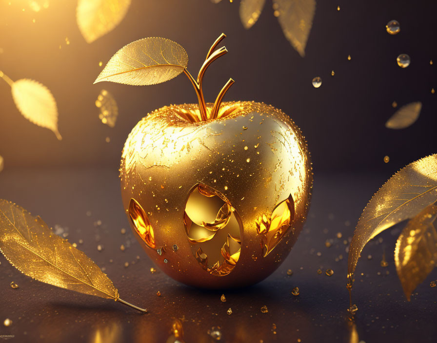 Golden apple with heart shapes, leaves, water droplets on dark background