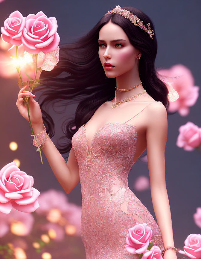 3D illustration of elegant woman in pink dress with roses