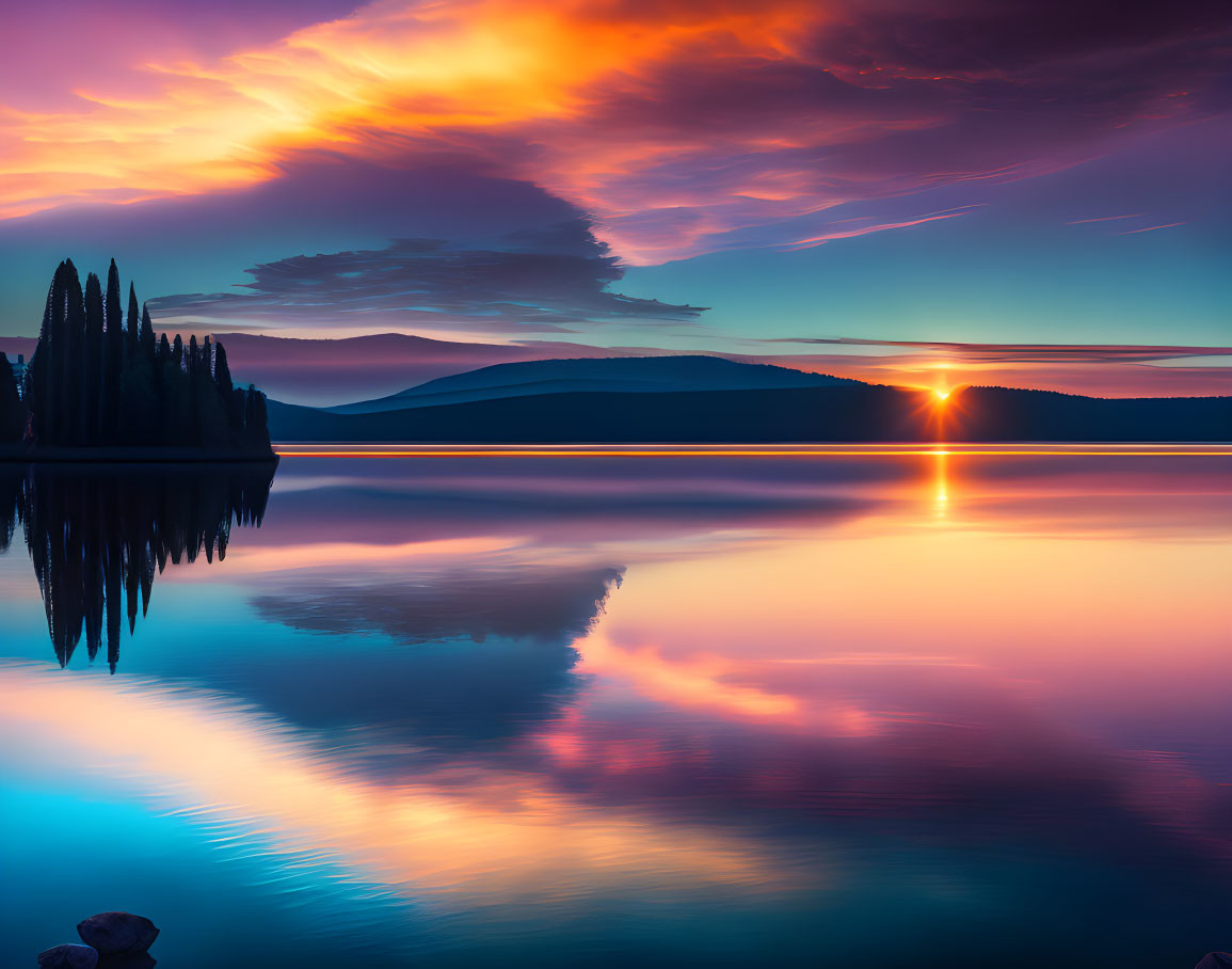 Scenic sunrise over serene lake with colorful reflections