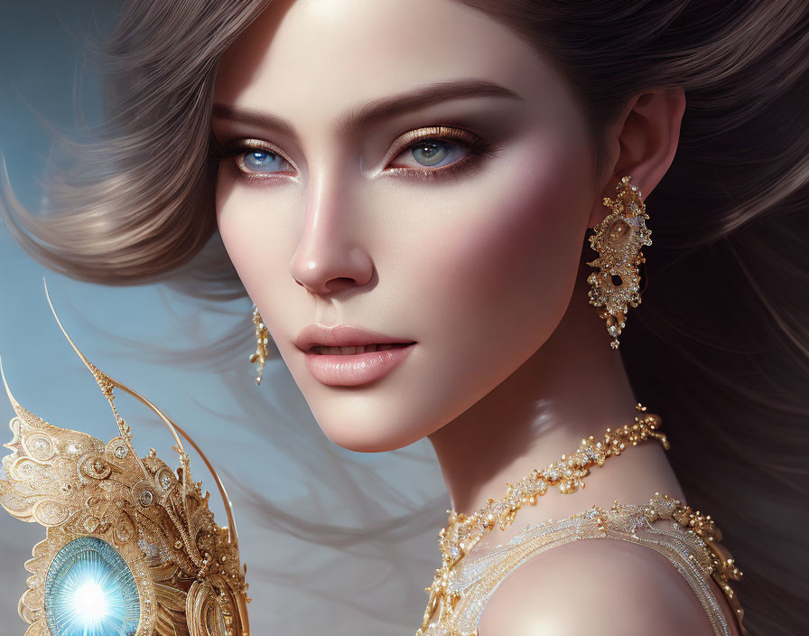 Digital portrait of woman: Striking blue eyes, flowing hair, intricate gold jewelry