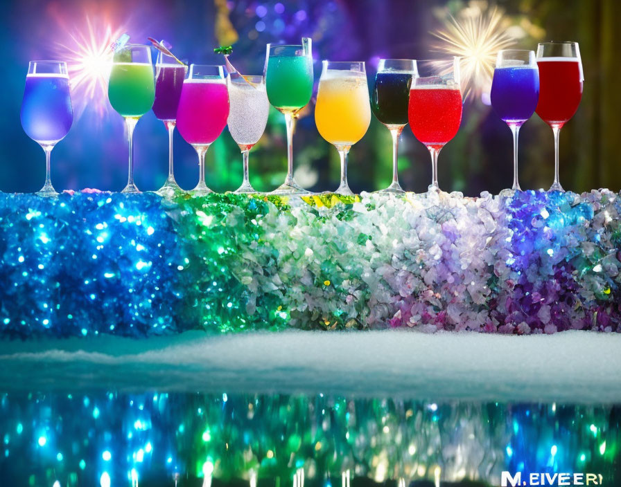 Colorful cocktails in glasses on reflective surface with ice crystals & festive lights