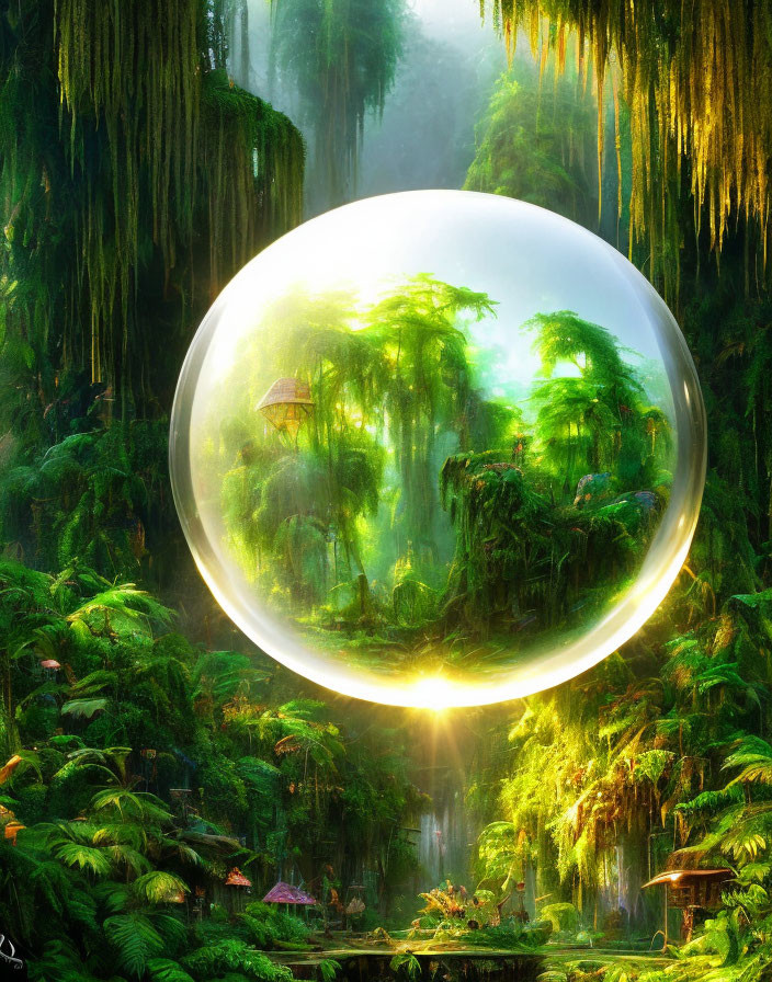 Transparent sphere showcasing mystical forest with sunlight and treehouses