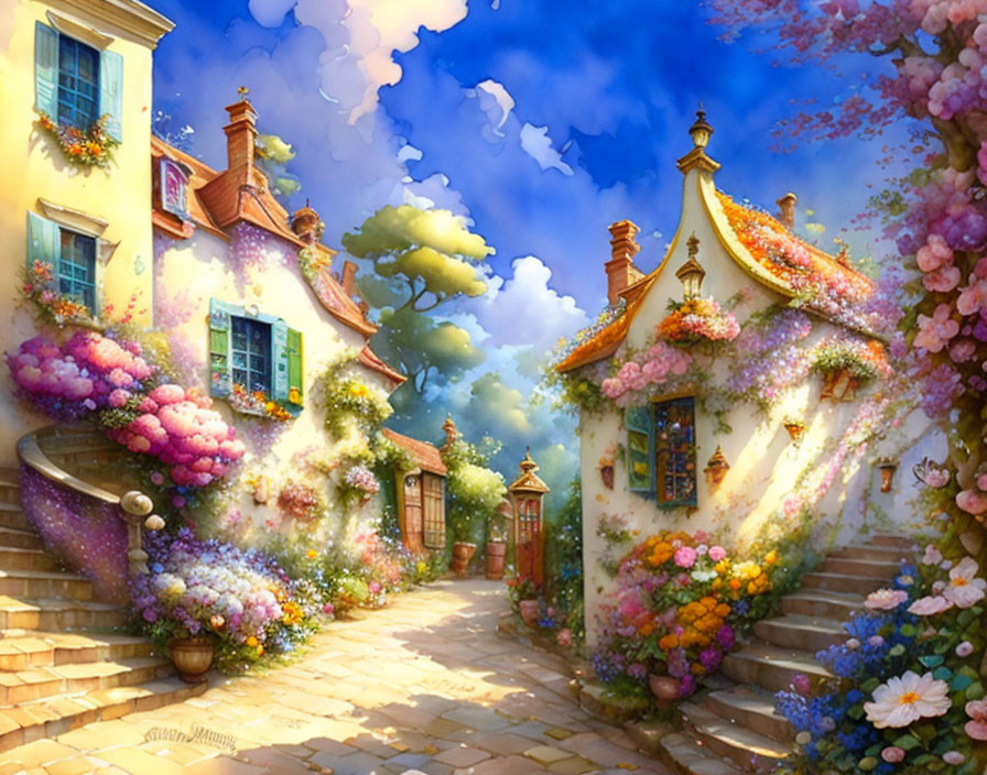 Colorful village scene with flowers and cobblestone houses under sunny sky