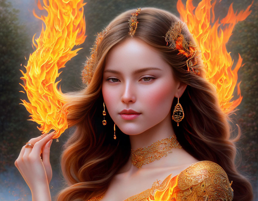 Fantasy portrait: Woman with flaming wings, gold jewelry, ethereal glow in forest.