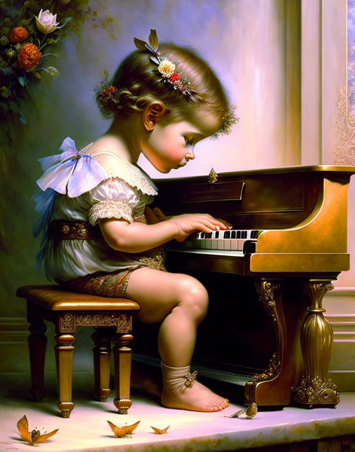 Young girl playing piano with flower in hair and butterflies in warm background