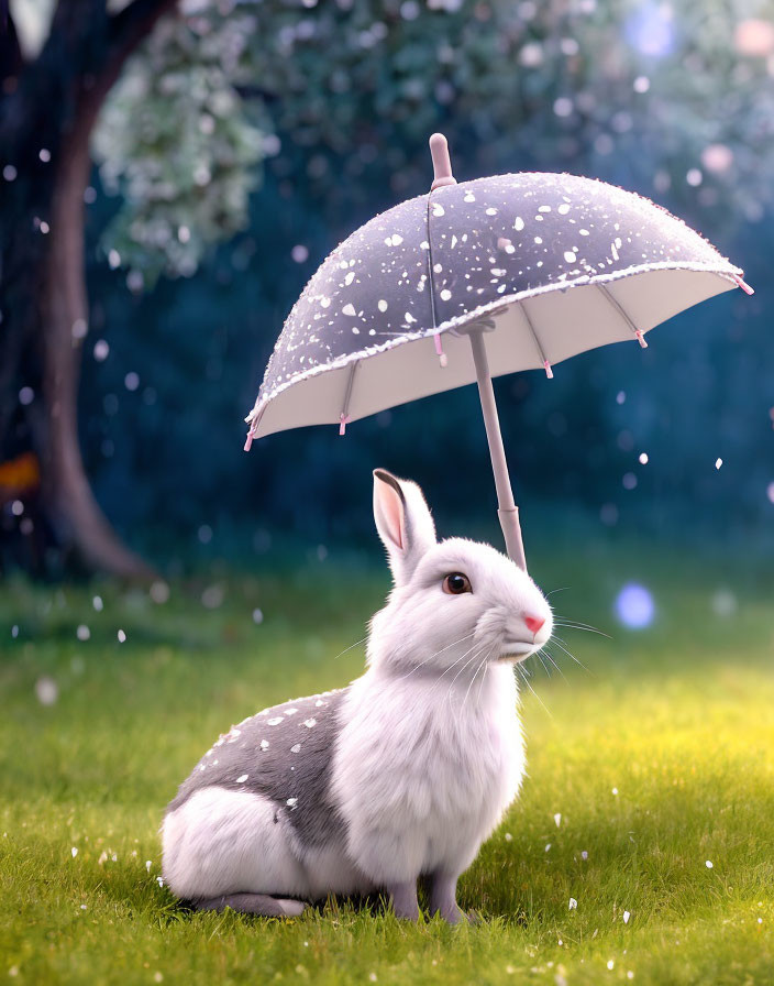 Whimsical white rabbit with polka-dotted umbrella in snowfall