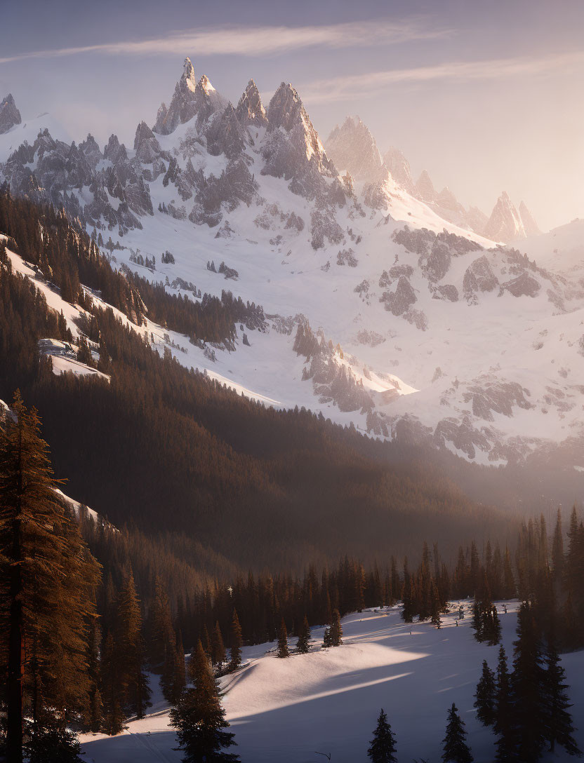 Snow-covered Alpine peaks at sunrise with evergreen forest and long shadows.