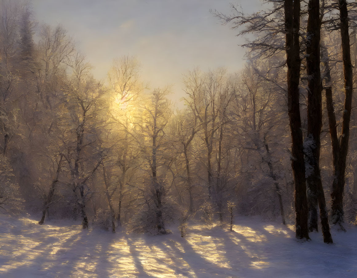 Snow-laden trees in serene winter scene with warm backlit glow