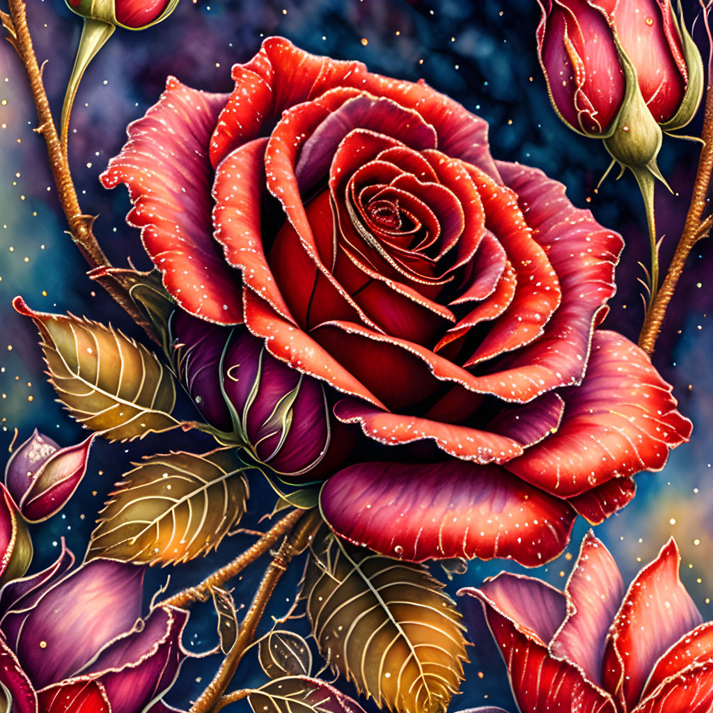 Detailed red rose illustration on starry night background