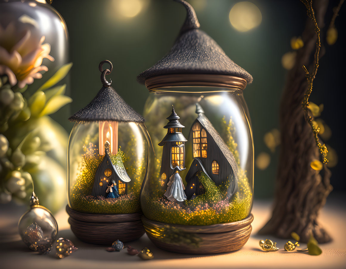 Fantastical lanterns with miniature houses in twilight setting