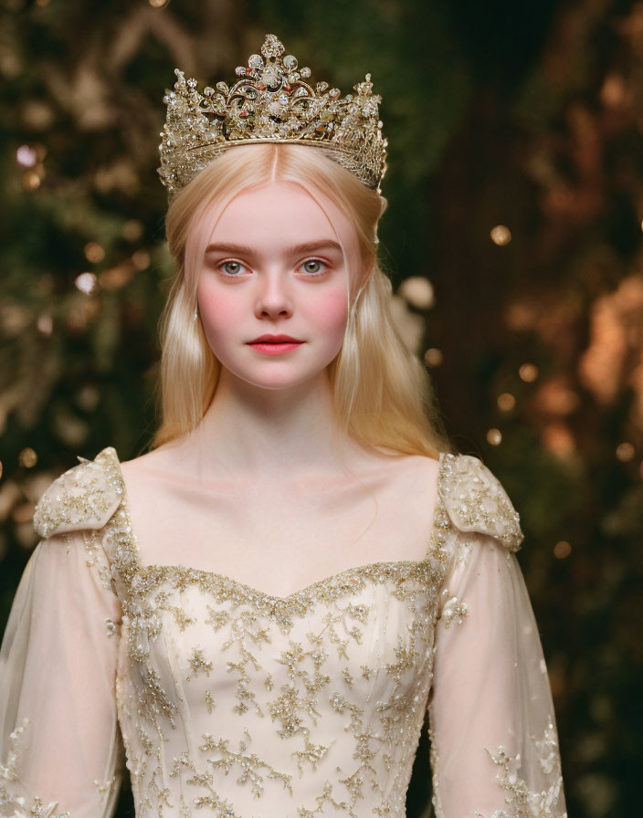 Blonde Woman in Regal Crown and Ornate Dress on Blurred Background