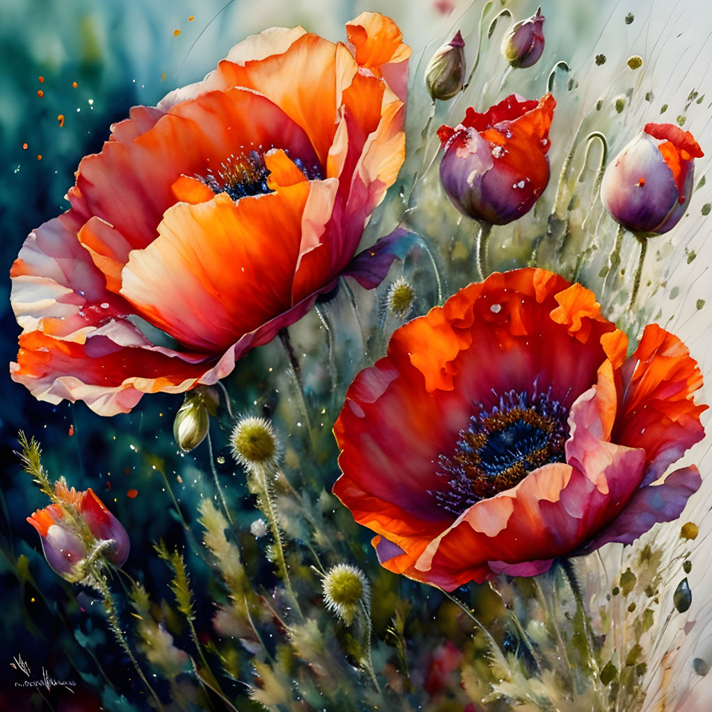 Colorful painting of red poppies with black centers on blurred background