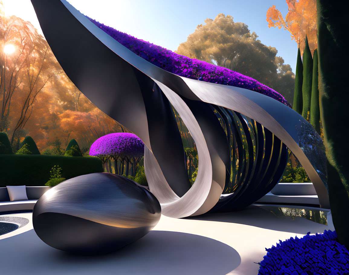 Abstract sculpture featuring black and white curves with purple plants in autumn garden