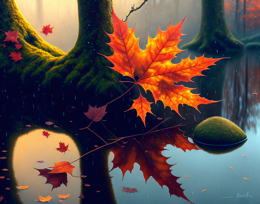 Autumn leaf floating on calm water in serene forest setting