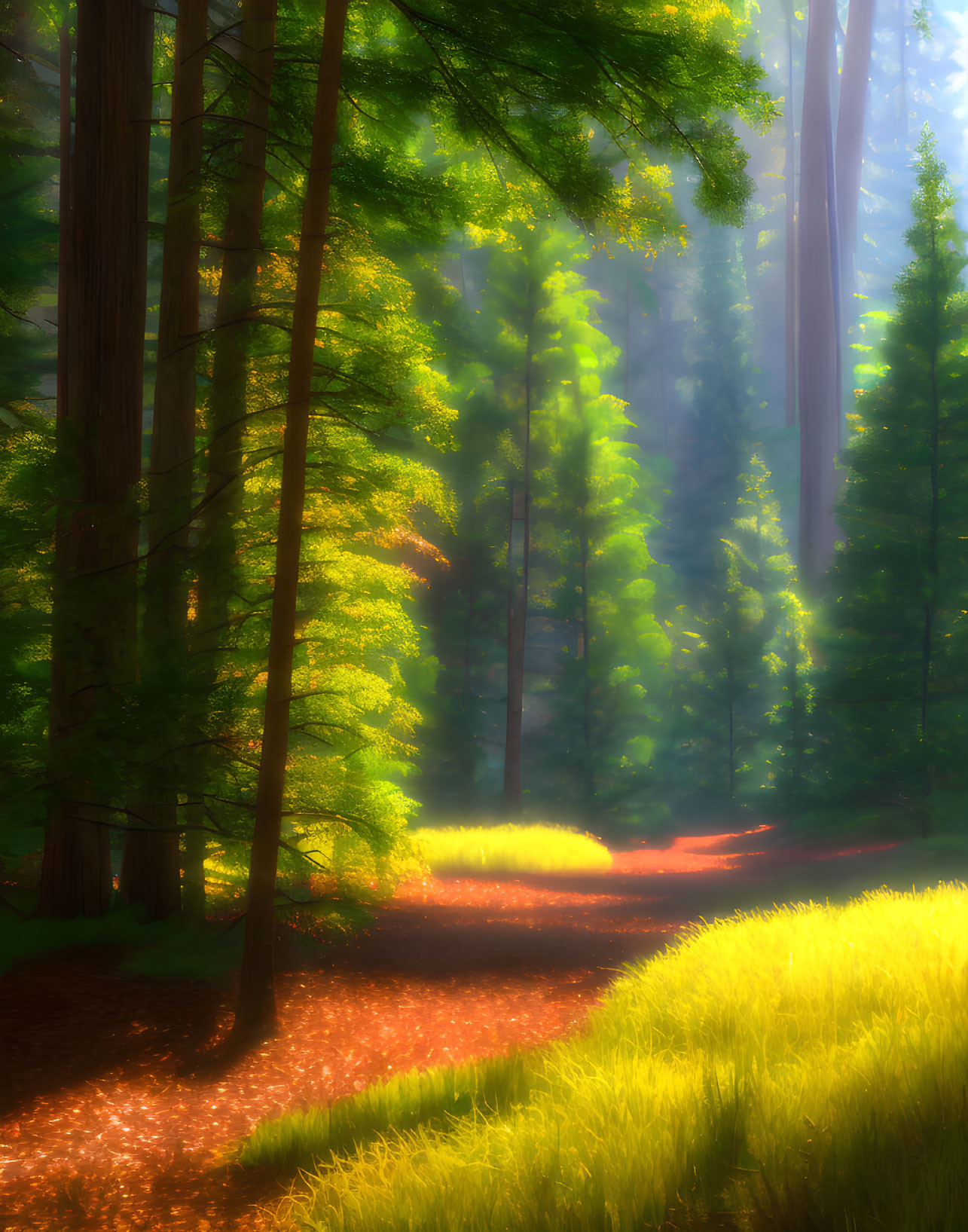 Sunlight illuminates dense forest path with warm glow