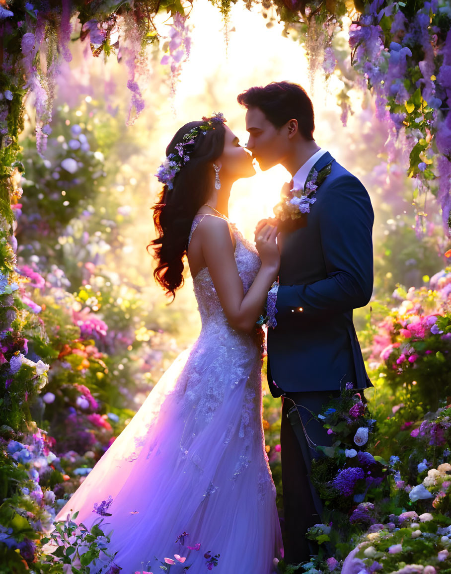 Wedding couple in romantic garden setting with hanging flowers