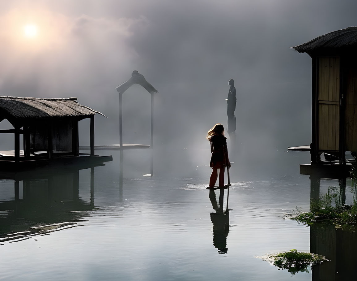 Tranquil misty water scene with child on stilts and huts