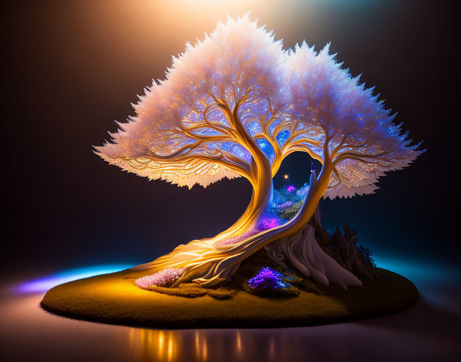 Glowing tree with twisted trunk and luminous branches