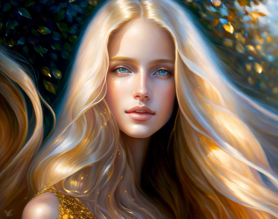 Blonde woman in golden dress against sunlit foliage