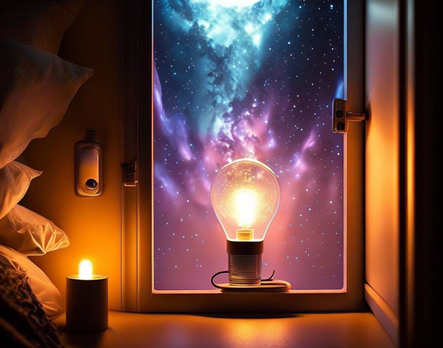 Warm Light Bulb Illuminating Starry Night Sky Through Window