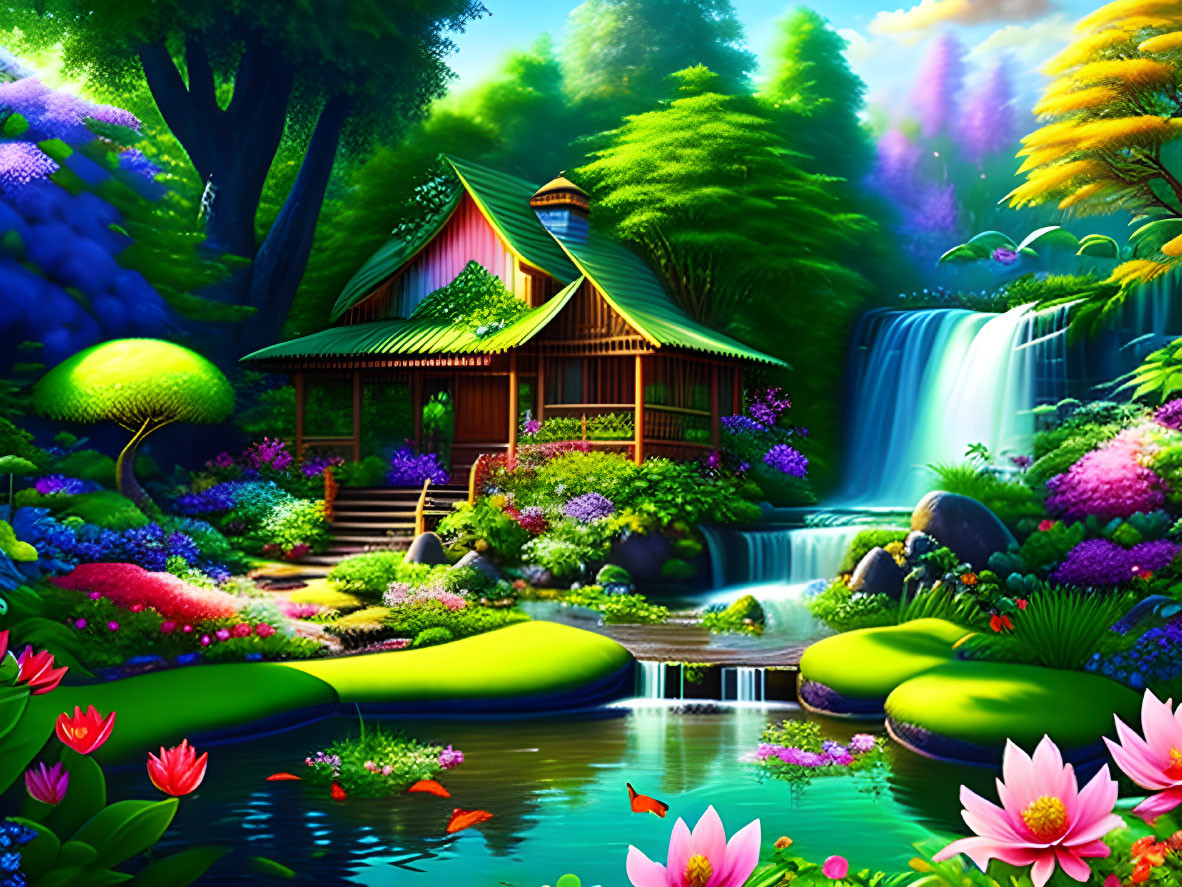 Colorful garden illustration with wooden cottage, flowers, stepping stones, and waterfall