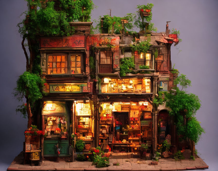 Detailed miniature model of overgrown multi-story building with lit interior rooms & small shop fronts