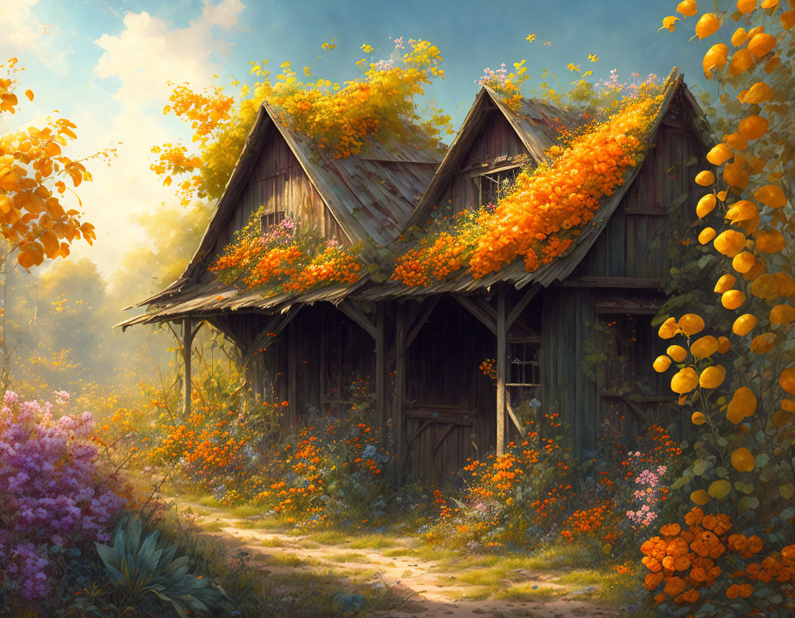 Rural Cottage Covered in Orange and Yellow Flowering Vines