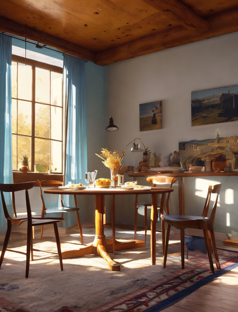 Sunlit Dining Room with Wooden Table for Two and Rustic Decor