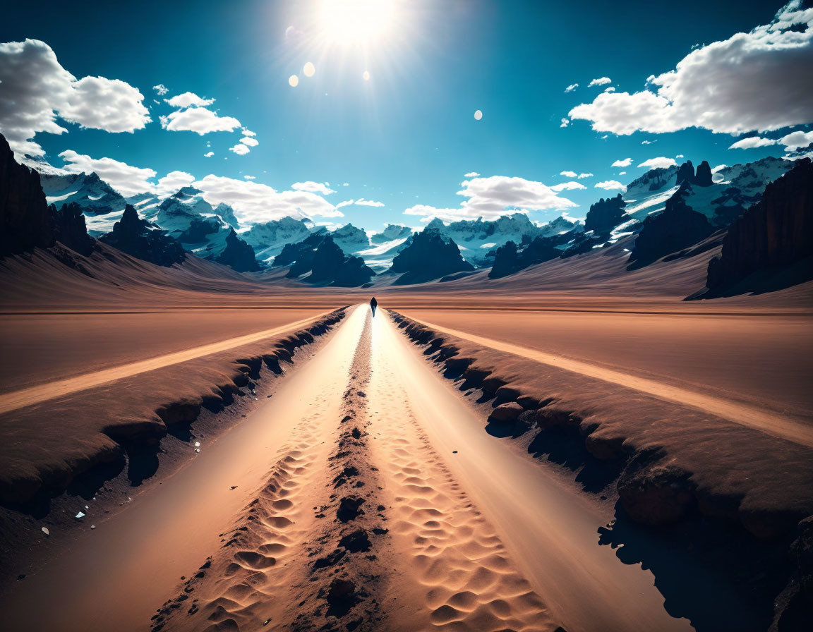 Desert landscape with central path, dunes, and snow-capped mountains