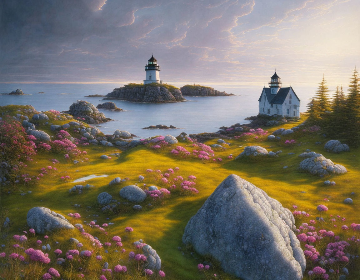 Coastal landscape with lighthouse, building, rocks, greenery, flowers, and dramatic sky