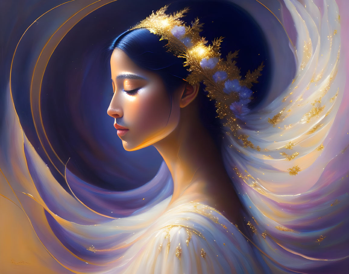 Serene woman in digital painting with golden hair accessories