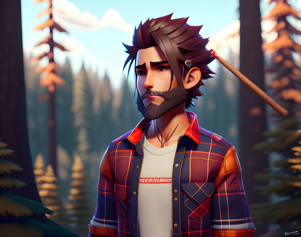 Stylized animated male character with beard and unique hair in a forest setting wearing plaid shirt and