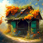 Rural Cottage Covered in Orange and Yellow Flowering Vines