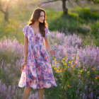 Woman in off-the-shoulder lace dress in purple flower field at sunset